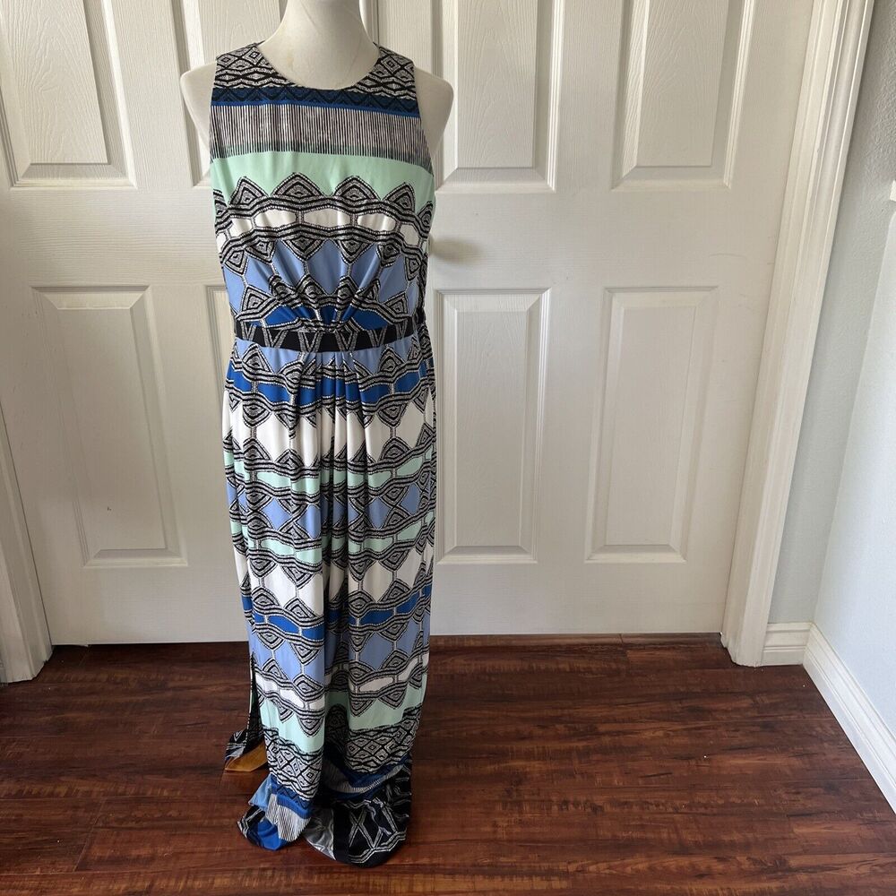Donna Morgan Womens Maxi Dress Size 12 Lined Blue Stretch Boho Beach Geometric